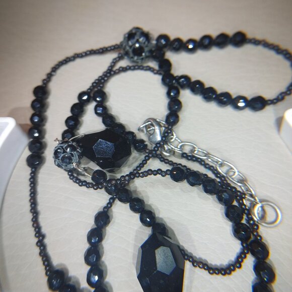 925 Tassels Black Faceted Beaded Necklace Mourning Vintage Victorian Jet Glass - Picture 9 of 16
